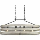 Three circular bands wrap together to create an open design for Gulliver four-light linear chandelier. Dual toned frame color combinations of Graphite with weathered gray accents. A hand painted wood grained texture complements Rustic and Modern Farmhouse home decor, as well as Urban Industrial and Coastal interior settings.