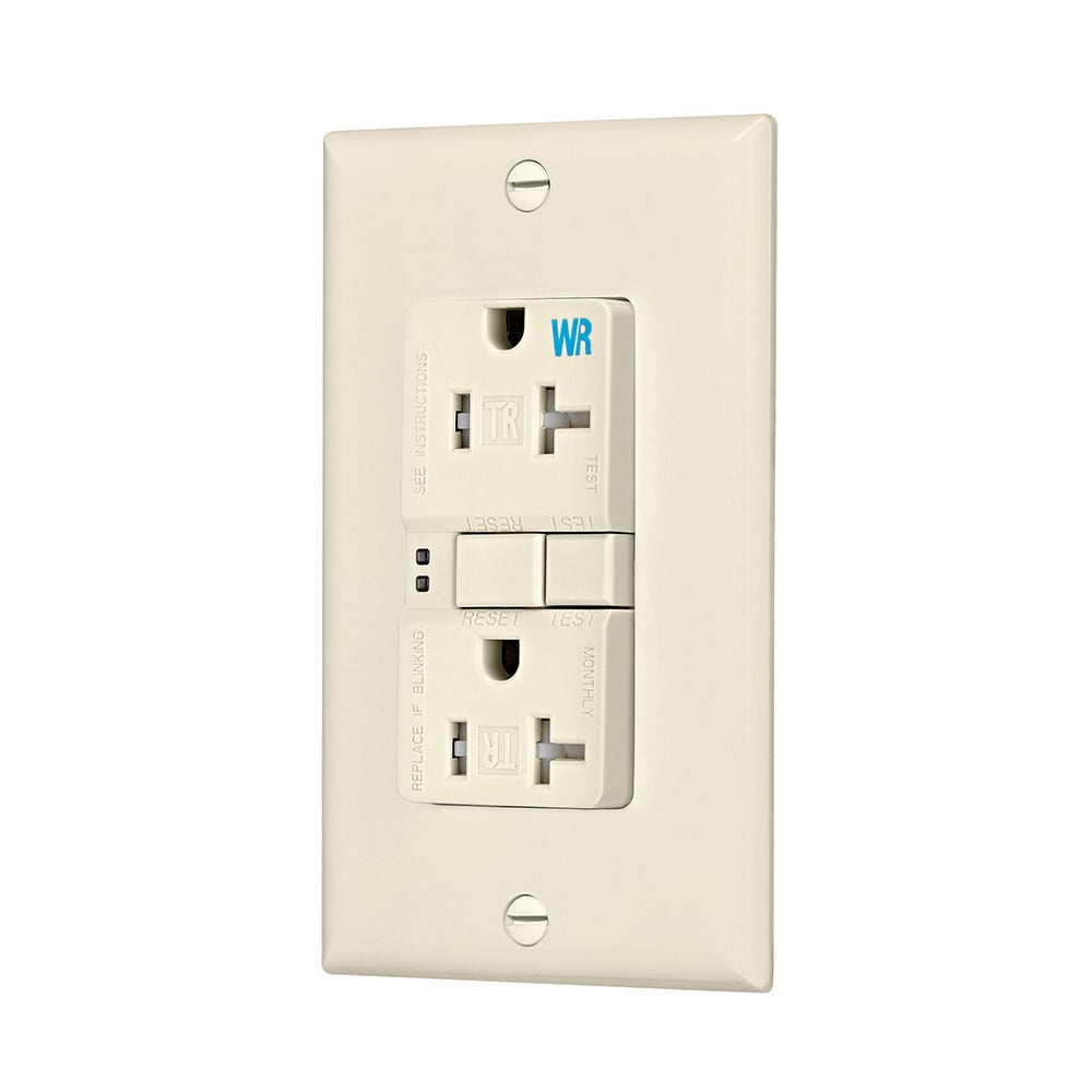 Eaton GFCI receptacle,NAFTA compliant,Self-test,#14 - 10 AWG,20A,Residential,Commercial,Flush,125 V,Back and side wire,Light almond,Brass,Tamper and weather resistant,Polycarbonate,5-20R,Two-pole,Three-wire,grounding