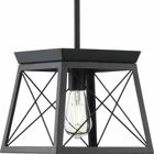 A light source exudes a comforting country glow as it peeks through the X-brace design reminiscent of country barn doors and rustic farmhouse gates. A faux-wood frame coated in a rustic ceruse black finish accented by a black plate on top of the structure infuses the hanging light with charming country character.
