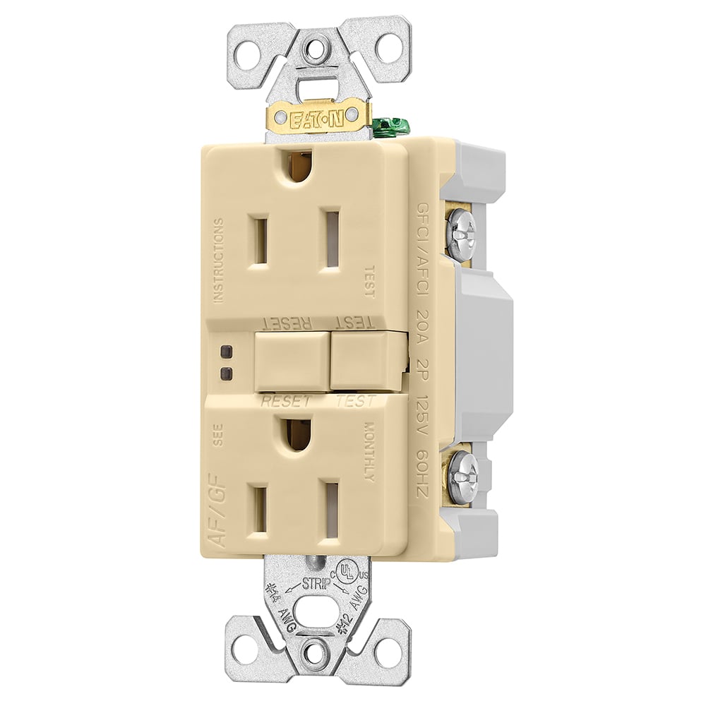 Eaton AFGF receptacle,Tamper resistant,Self-test,#14 - 10 AWG,15A,Residential,Commercial,Flush,125 V,AFGF,Back and side wire,Almond,Brass,Receptacle,Tamper resistant,Polycarbonate,5-15R,Two-pole, three-wire, grounding