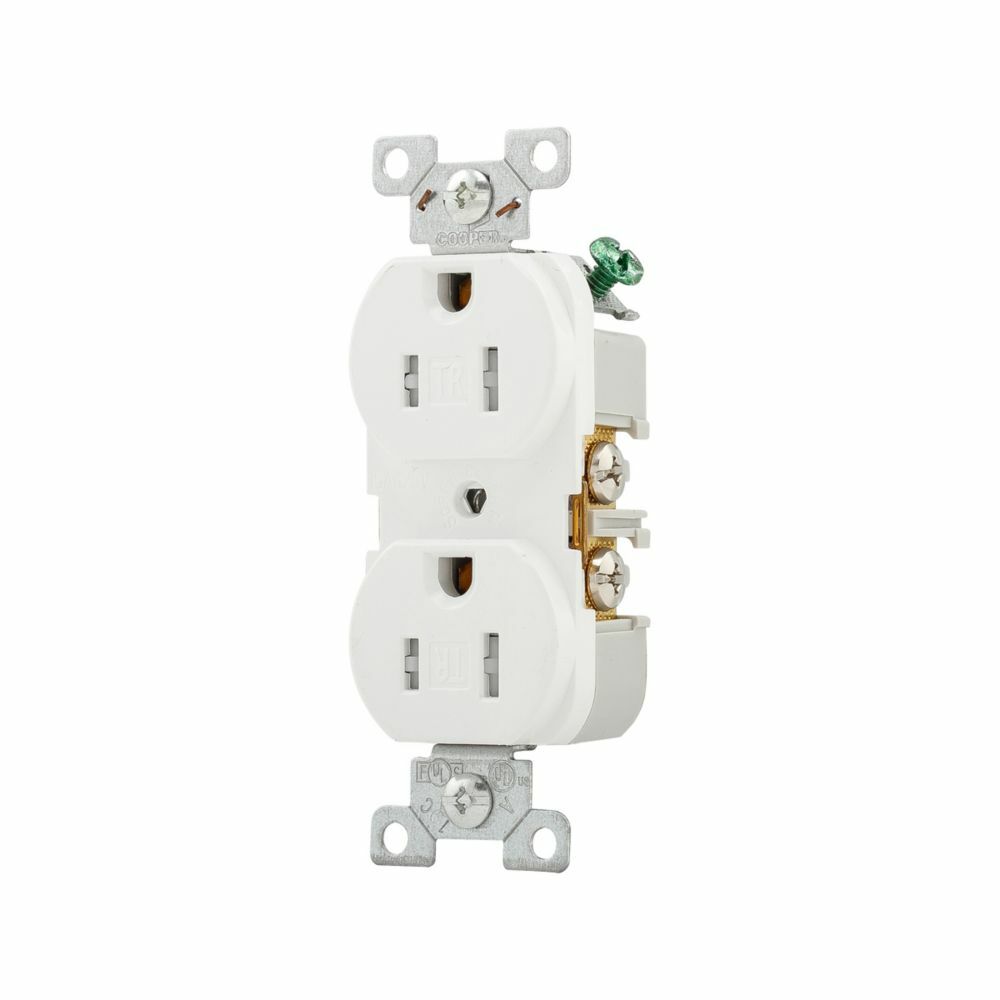 Eaton commercial specification grade duplex receptacle, #14-10 AWG, 15A, Commercial, Flush, 125V, Back and side, White, Brass, Impact-resistant nylon face, PVC body, 5-15R, Duplex, Screw, PVC