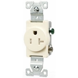 Eaton commercial specification grade single receptacle, #14-10 AWG, 20A, Commercial, Flush, 125V, Side wire, Light almond, Brass, Impact-resistant thermoplastic face, PVC body, 5-20R, Single, Screw, PVC, ED Box