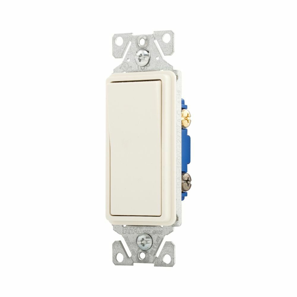 Eaton standard grade decorator switch, Box, #14-12 AWG, 15A, Flush, 120/277V, Back/push, Decorator, Maintained, Light almond, Motor Control, Fan, LED, Incand, ELV,MLV,CFL, Florscnt, Halogen, Three-way, Thermoplastic 752438