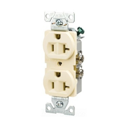 Eaton commercial specification grade duplex receptacle, #14-10 AWG, 20A, Commercial, Flush, 125V, Back and side, Light almond, Brass, High-impact nylon, PVC, 5-20R, Duplex, Screw, PVC, Core pack