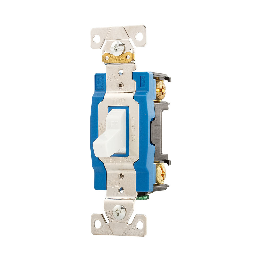 Eaton Arrow Hart industrial grade toggle switch, #14-10 AWG, 15A, Industrial, Flush mount, 120/277V, Back and side, Screw, White, Single-Pole, Single-Pole, Brass, Polycarbonate