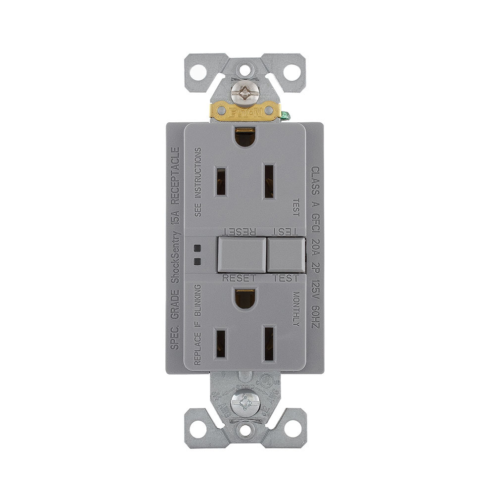 SGF15GY Arrow Hart Duplex Grounding Self-Test GFCI Receptacle, 125 VAC, 15 A, 2 Poles, 3 Wires, Gray