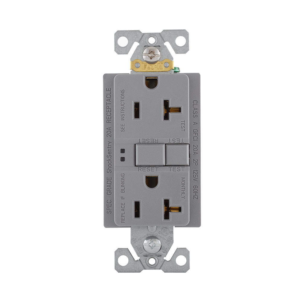 Eaton GFCI receptacle,Self-test,#14 - 10 AWG,20A,Residential,Commercial,Flush,125 V,GFCI,Back and side wire,Gray,Brass,Receptacle,Polycarbonate,5-20R,Two-pole, three-wire, grounding