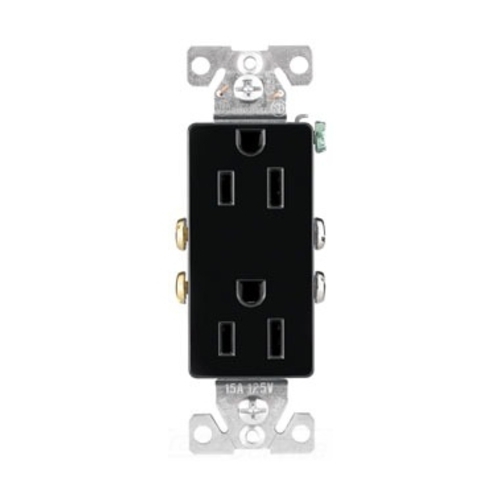 1107-9BK Decorator Straight Blade Duplex Receptacle, 125 VAC, 15 A, 2 Poles, 3 Wires, Black