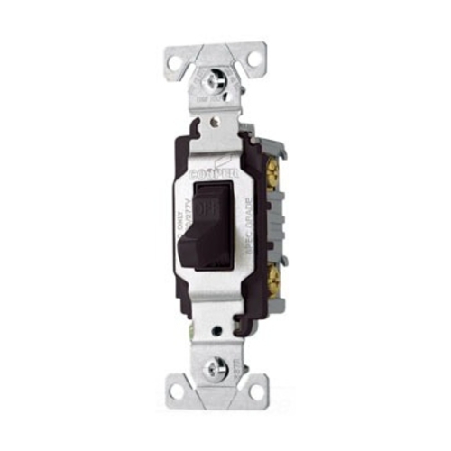 Eaton commercial grade toggle switch, #14-10 AWG, 20A, Commercial, Flush, 120/277V, Side wire, Screw, Black, Load type: Motor Control, Fan, LED, Incandescent, ELV, MLV, CFL, Flourescent, Halogen, Single-Pole, Single-Pole, Brass, PVC