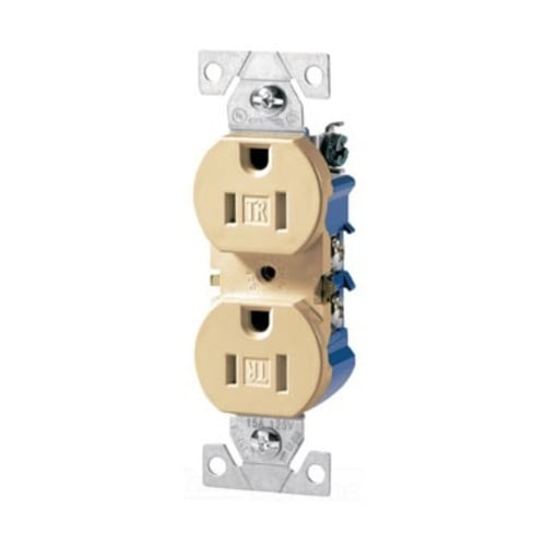 Eaton residential grade duplex receptacle, #14-10 AWG, 15A, Commercial, Residential, Flush, 125V, Side and push, Ivory, Brass, Impact-resistant thermoplastic face, PVC body, 5-15R, Duplex, Screw, Thermoplastic, Core pack