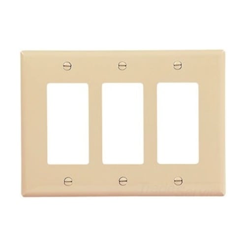 Eaton Decorator / GFCI wallplate, Ivory, Decorator Cutout, Polycarbonate, Three- gang, Mid-size