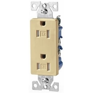 Eaton residential grade decorator duplex receptacle, #14-10 AWG, 15A, Commercial, Residential, Flush, 125V, Side and push, Ivory, Brass, Impact-resistant thermoplastic face, PVC body, 5-15R, Duplex, Screw, Thermoplastic, ED Box