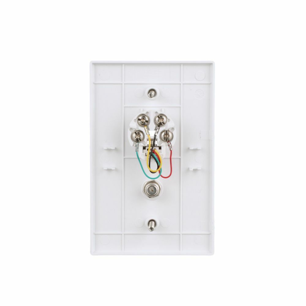 Telephone Jack and Coaxial Adapter Wallplate, White, Thermoplastic, Surface, Mid-size, 4-conductor jack and coax adapter, Type F, RJ11, RJ14, Combination