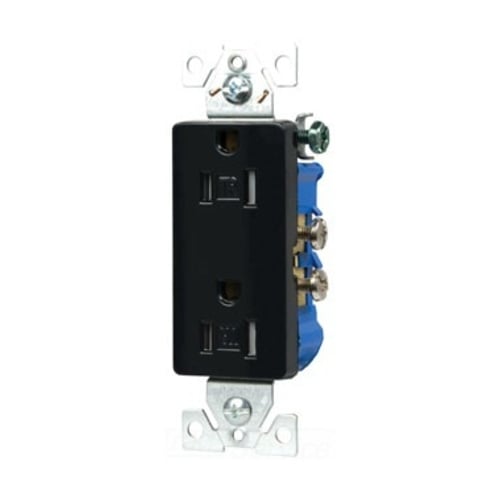 Eaton residential grade decorator duplex receptacle, #14-10 AWG, 15A, Commercial, Residential, Flush, 125V, Side and push, Black, Brass, Impact-resistant thermoplastic face, PVC body, 5-15R, Duplex, Screw, Thermoplastic, Core pack