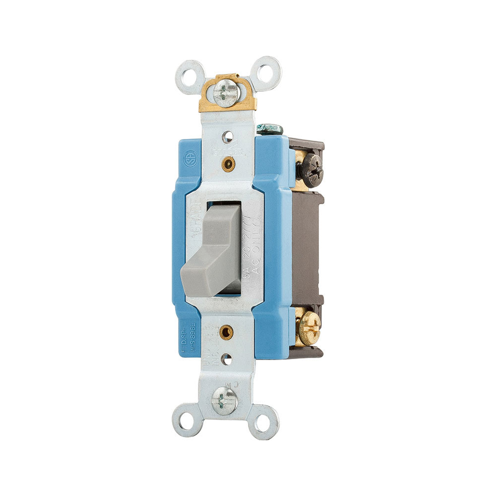Eaton Arrow Hart industrial grade toggle switch, #14-10 AWG, 15A, Flush, 120/277V, Back and side, Screw, Gray, Load type: Motor Control, Fan, LED, Incandescent, ELV, MLV, CFL, Flourescent, Halogen, Double-Pole,Dual-pole,Brass,Polycarbonate