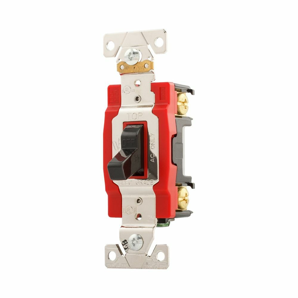 Eaton Arrow Hart industrial grade toggle switch, #14-10 AWG, 20A, Industrial, Flush, 120/277V, Back and side wiring, Screw, Black, Single-Pole, Single-Pole, Brass, Polycarbonate