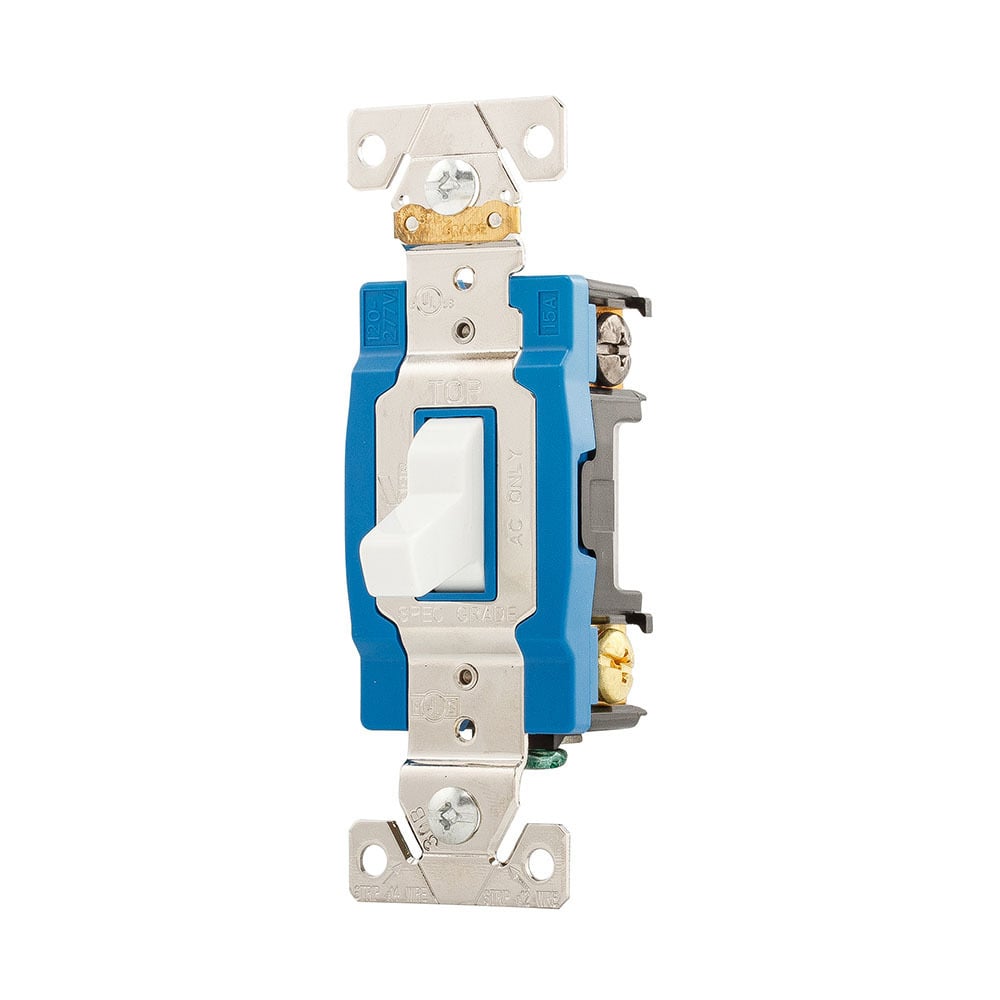 Eaton Arrow Hart industrial grade toggle switch, #14-10 AWG, 15A, Industrial, Wall, 120/277V, Back and side wiring, Screw, White, Three-Way, Brass, Terminals: 0.031 in, Polycarbonate