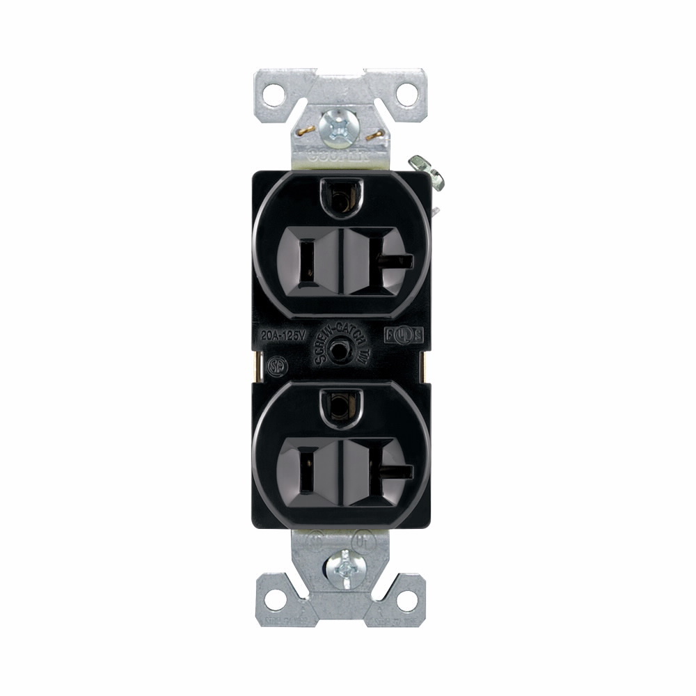 BR20BK Arrow Hart Straight Blade Duplex Receptacle, 125 VAC, 20 A, 2 Poles, 3 Wires, Black