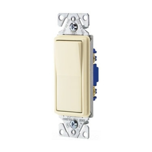 Eaton standard grade decorator switch, #14-12 AWG, 15A, Flush, 120/277V, Back/push, Decorator, Maintained, Light almond, Motor Control, Fan, LED, Incand, ELV,MLV,CFL, Florscnt, Halogen, Single-pole, Thermoplastic