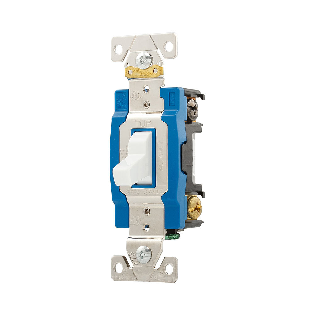Eaton Arrow Hart industrial grade toggle switch, #14-10 AWG, 15A, Industrial, Wall, 120/277V, Back and side, Screw, White, Four-way, Brass, Terminals: 0.031 in, Polycarbonate