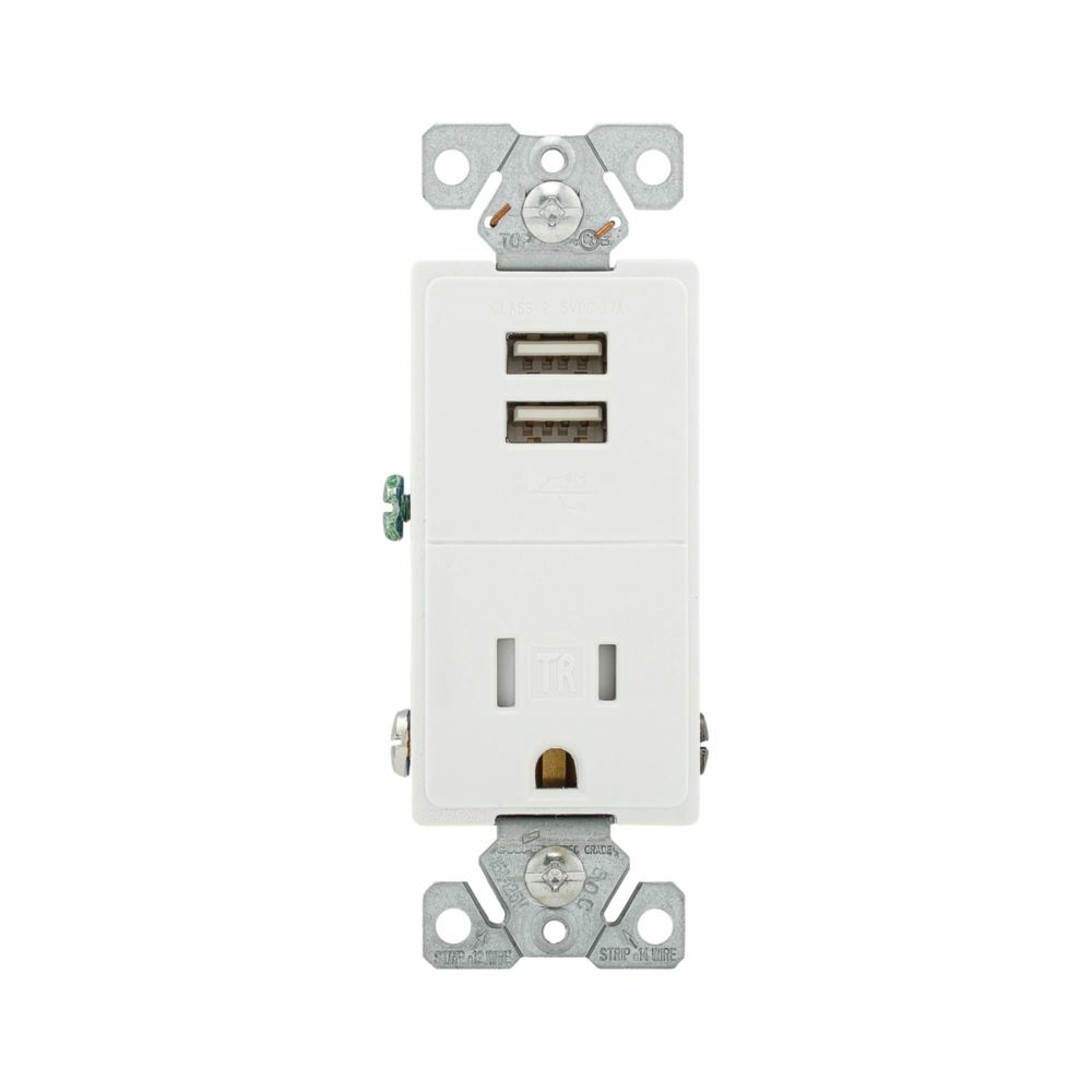 Eaton combination USB charger with receptacle, USB 2.4A SINGLE RECP 15A 125V CLAM WH