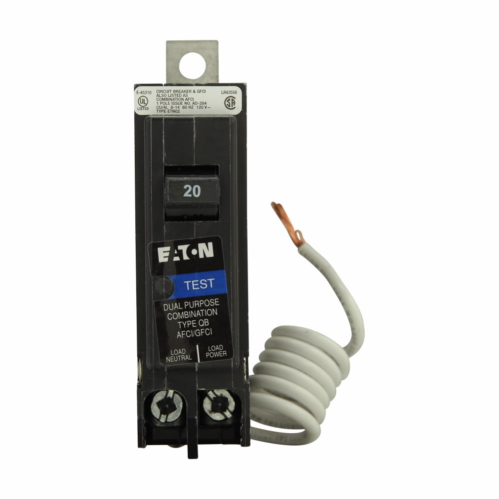 QB1020AFGF QuickLag Arc Ground Fault Combination Circuit Breaker, 10 V AC, 20 A, 10 kA Interrupt, 1 Poles