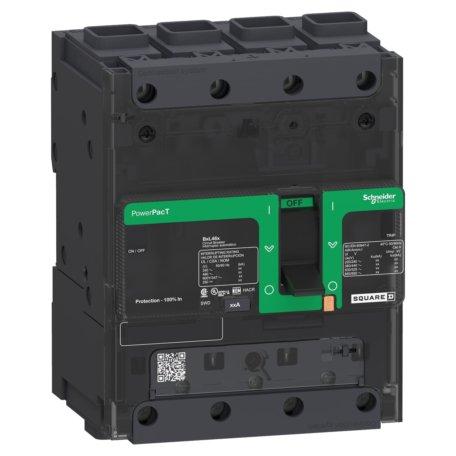BGF46060 PowerPact EverLink Molded Case Circuit Breaker, 600Y/347 V AC, 60 A, 18/35/65 kA Interrupt, 4 Poles, Thermal Magnetic Trip