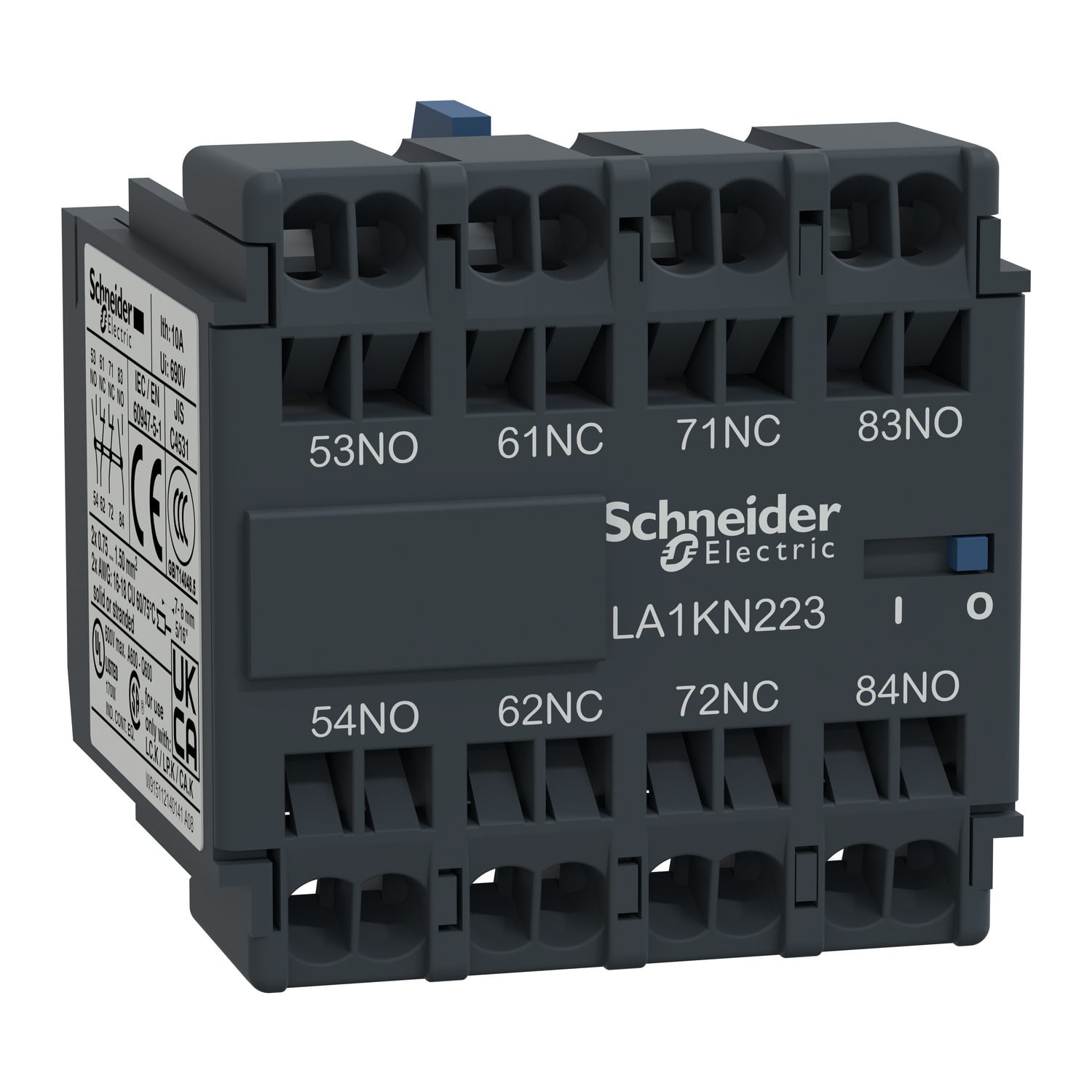 LA1KN313 TeSys K Instantaneous Auxiliary Contact Block, 600 V AC, 10 A, 3NO-1NC Contacts, Front Mount, For Use With CA2K and CA3K Control Relay