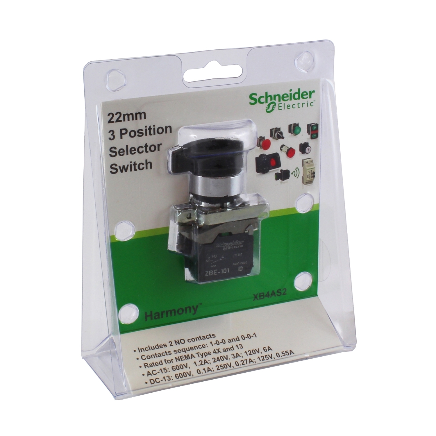 XB4AS2 Harmony Corrosion-Resistant Dusttight/Oiltight/Watertight Round Non-Illuminated Selector Switch, 22 mm, 1NO Contact, Slow Break Contact, Lever Operator, Black