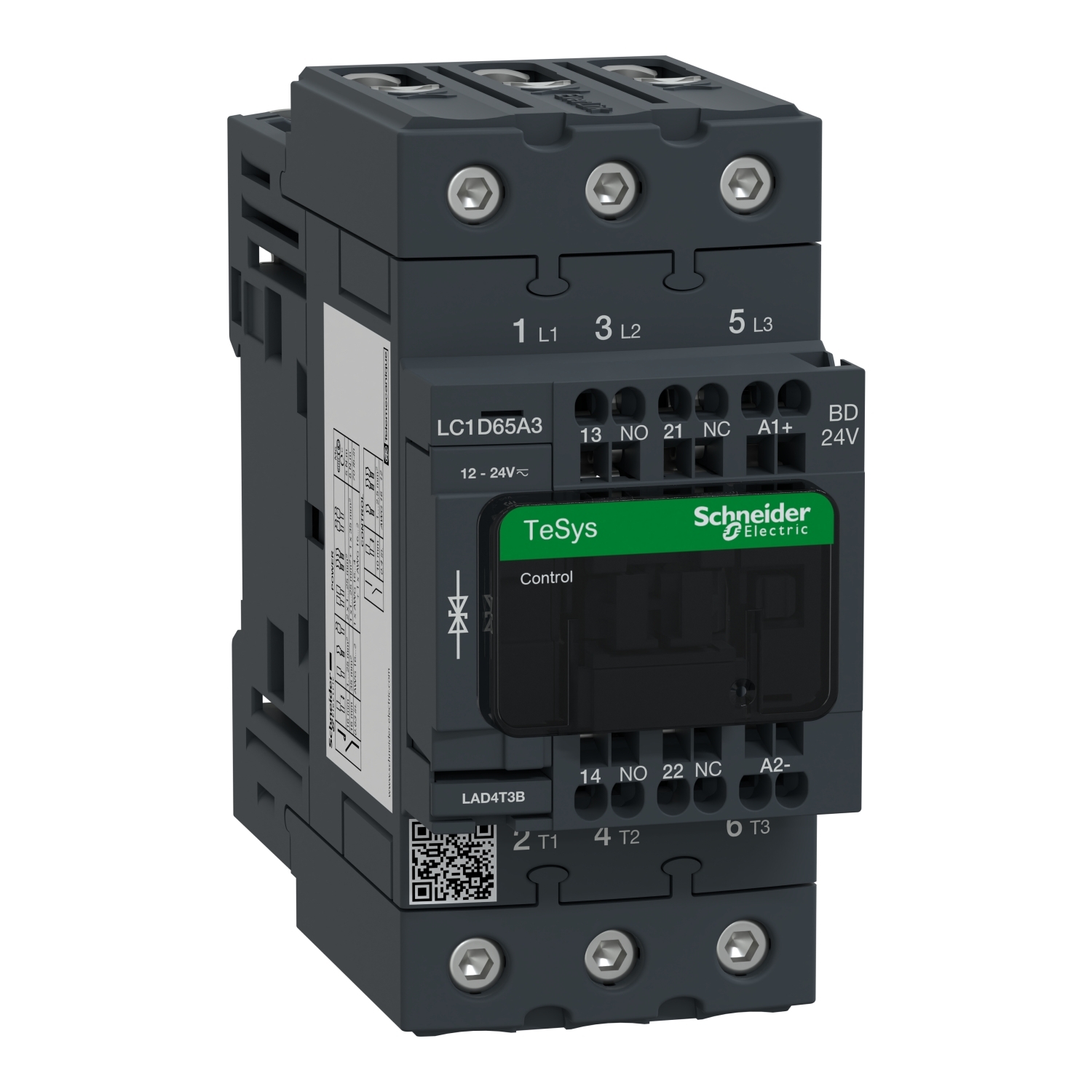 LC1D65A3BD TeSys D Contactor With Safety Cover, 24 V DC V Coil, 1000 A, 3NO Contact, 3 Poles