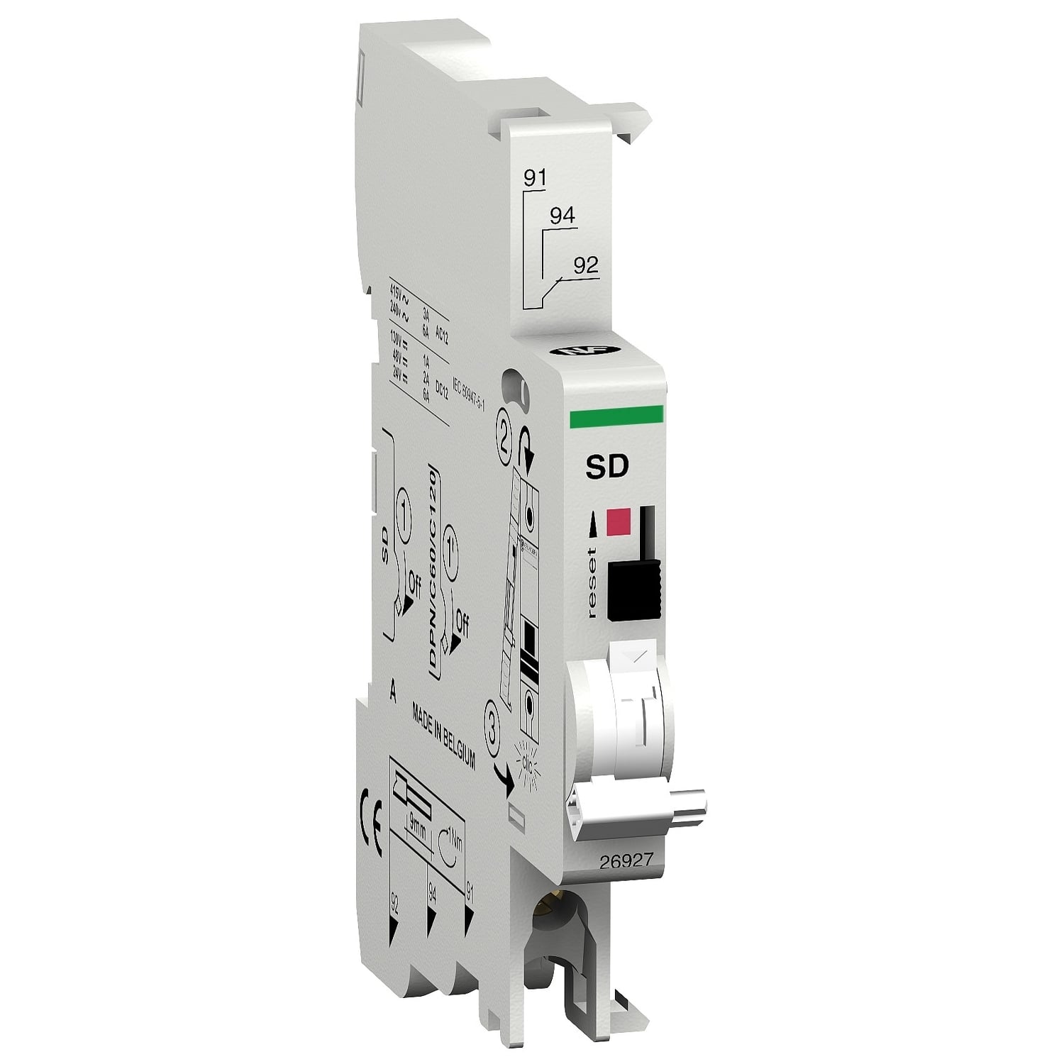 M9A26927 Auxiliary Contact, 240 to 415 VAC/24 to 130 VDC, 3/6 A, 1 Contacts, For Use With Multi 9 GFP, C60bP, C60bPR, C60SP, C60H-DC Miniature Circuit Breaker, Clamp Terminal Connection