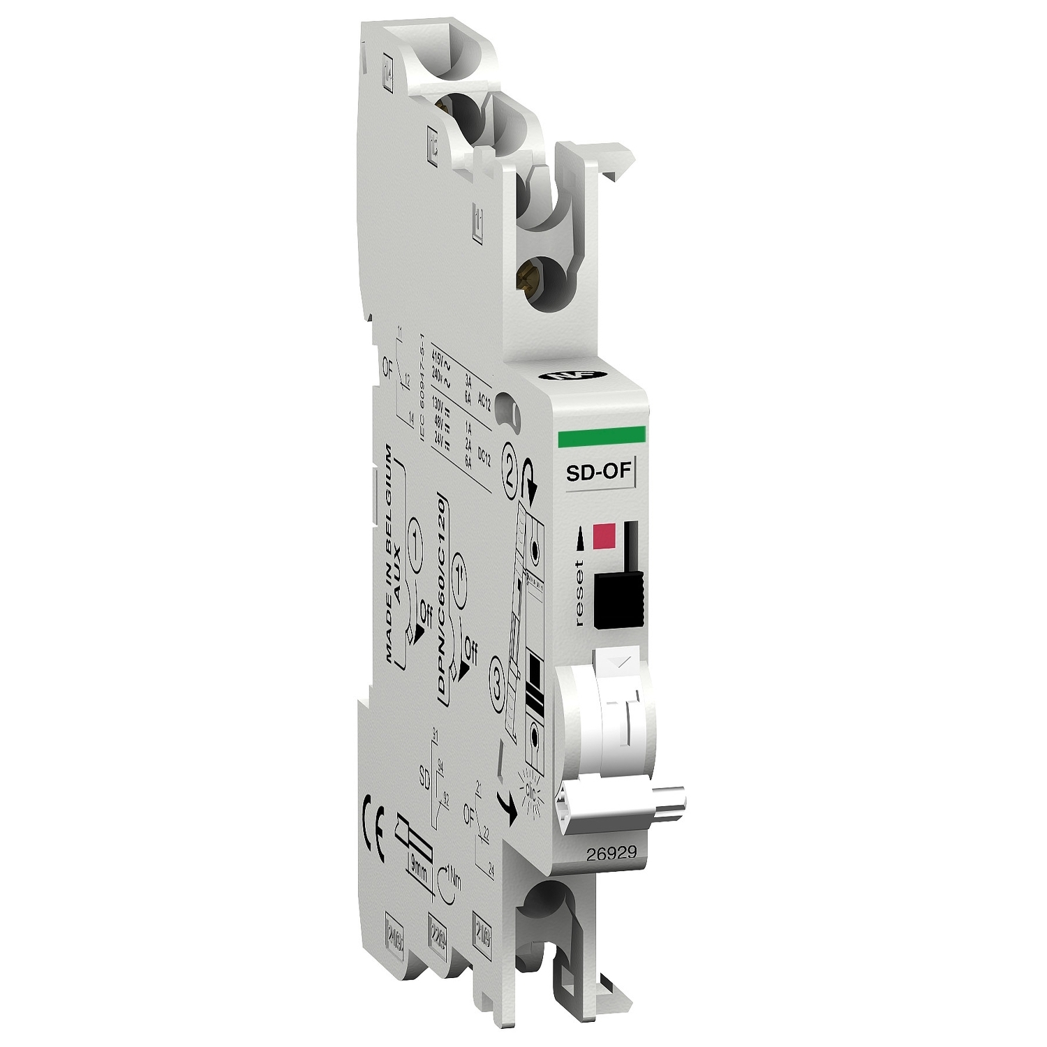 M9A26929 Auxiliary Contact, 240 to 415 VAC/24 to 130 VDC, 3/6 A, 2 Contacts, For Use With Multi 9 GFP, C60bP, C60bPR, C60SP, C60H-DC Miniature Circuit Breaker, Clamp Terminal Connection