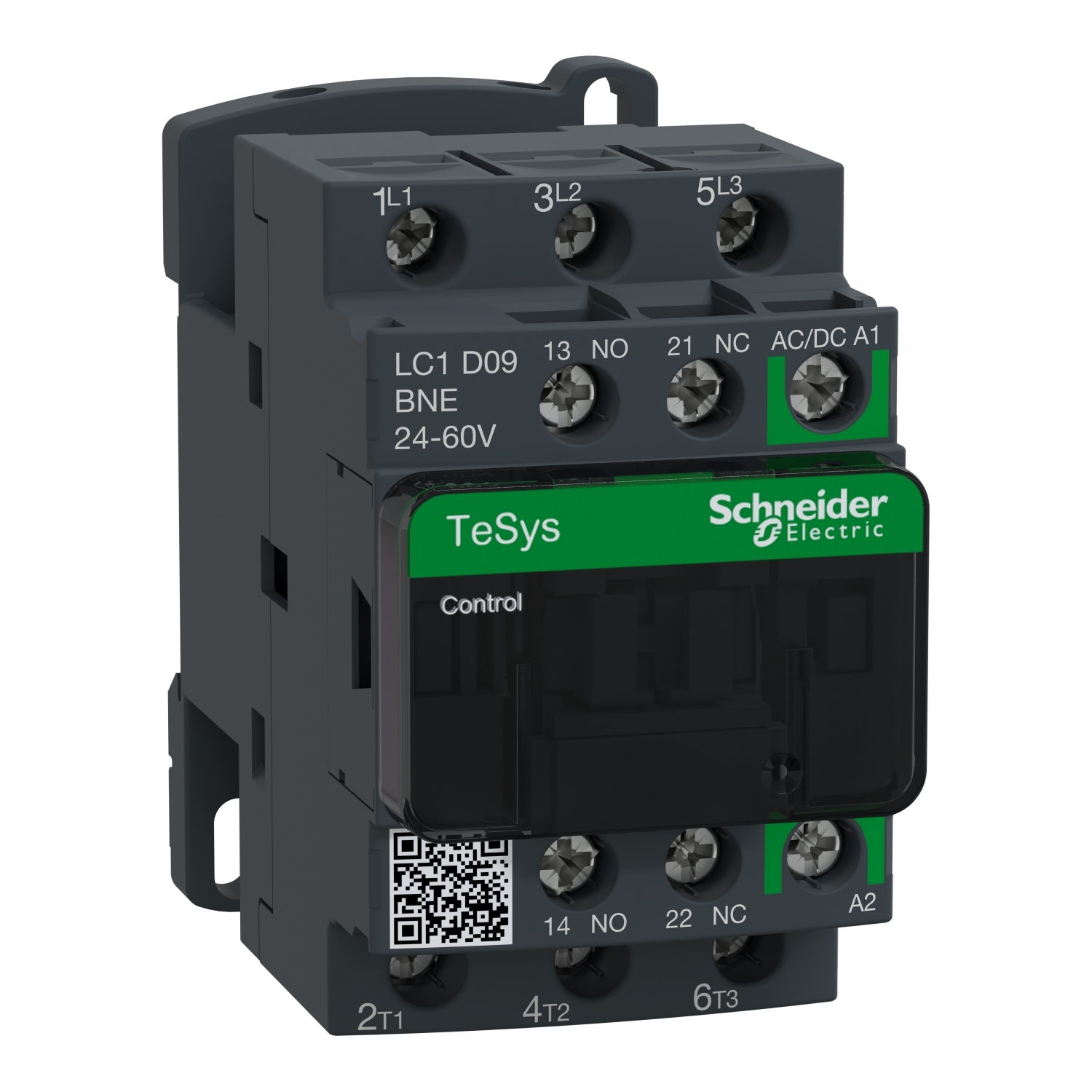 LC1D09BNE TeSys D Contactor With Safety Cover, 24 to 60 V AC V Coil, 25 A, 3NO Contact, 3 Poles