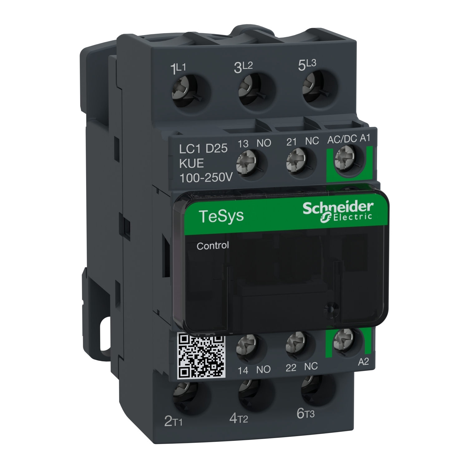 LC1D25KUE TeSys D Contactor With Front Cover, 100 to 250 V AC V Coil, 40 A, 3NO Contact, 3 Poles