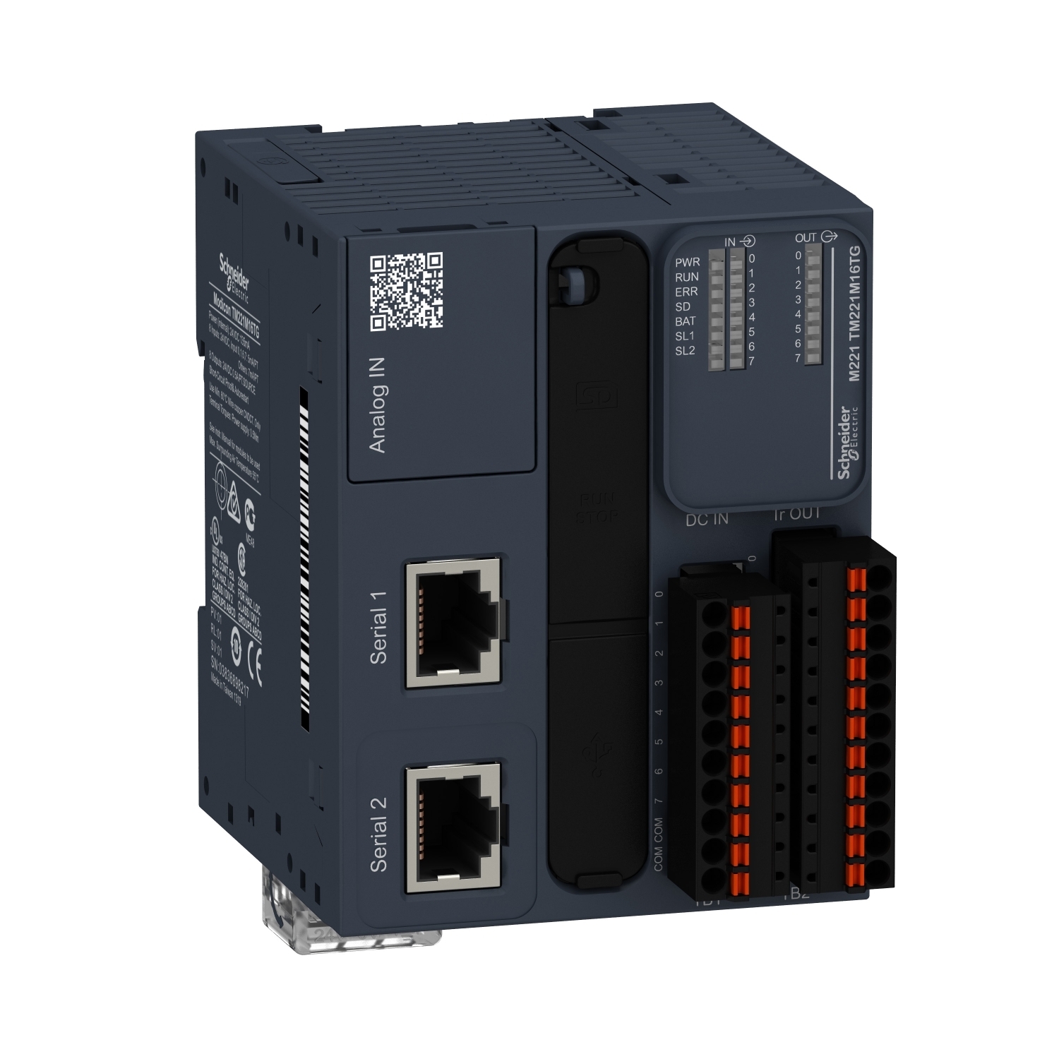 TM221M16TG Modicon Logic Controller With Realtime Clock, 24 V DC, 7 mA Discrete Input/5 mA Fast Input, 8 Discrete/4 Fast/2 Analog Inputs, 8 Transistor/2 Fast Outputs