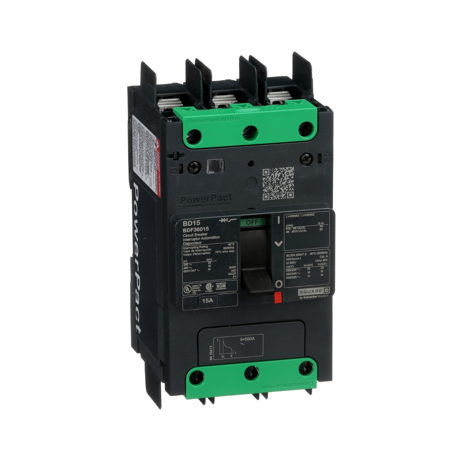 BDF36015 PowerPact Type BDF Molded Case Circuit Breaker, 600Y/347 V AC, 15 A, 14 kA Interrupt, 3 Poles, Electronic Trip