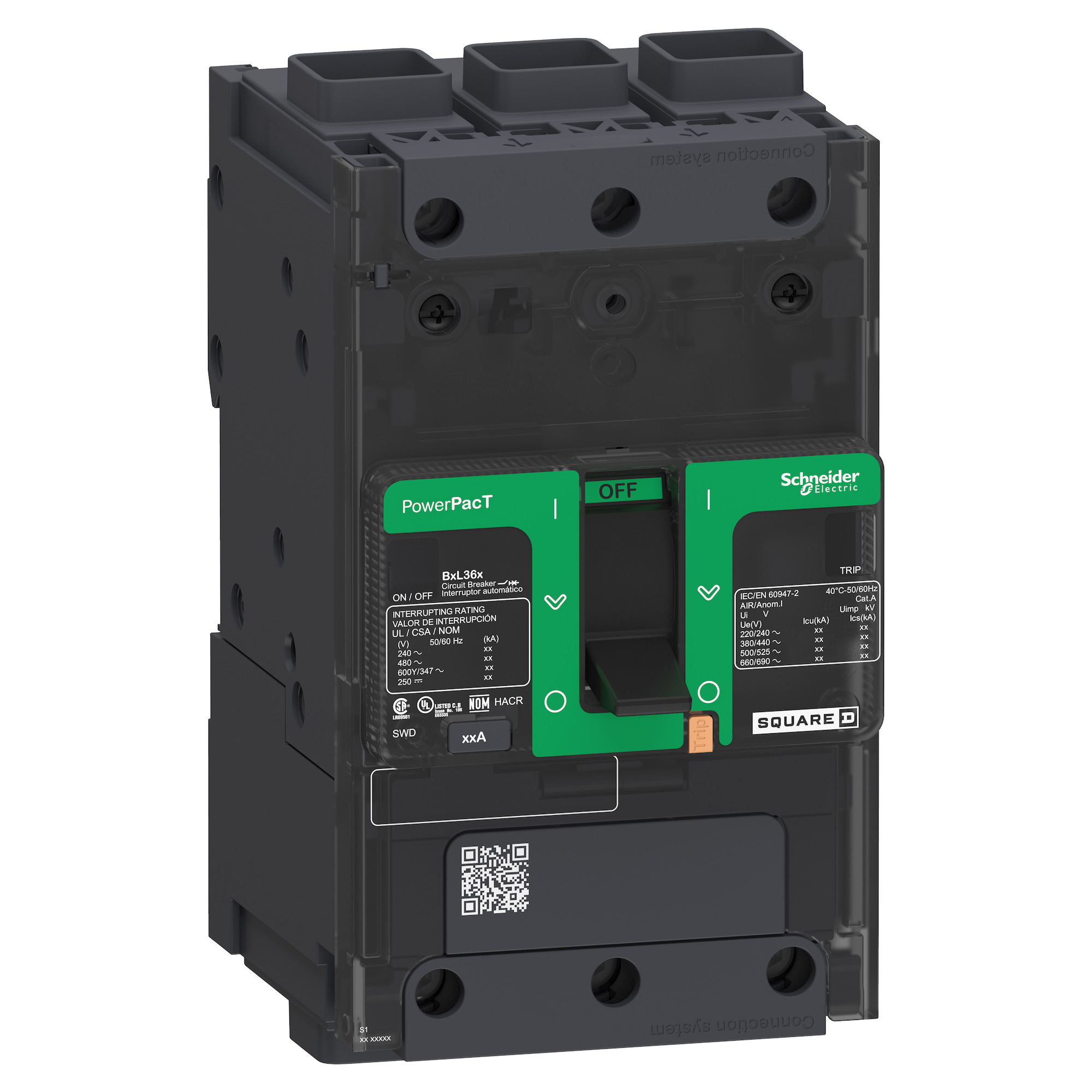 BGF36070 PowerPact Type BGF Molded Case Circuit Breaker, 600Y/347 VAC, 70 A, 18 kA Interrupt, 3 Poles, Electronic Trip