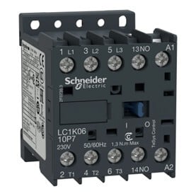 CONTACTOR 575VAC 6AMP IEC + OPTIONS,10 A at <= 50 C for signalling circuit-20 A at <= 50 C for power circuit,100 V AC 50/60 Hz,3 NO,3P,LC1K,contactor,LC1K,motor control,TeSys,TeSys K,rail-plate