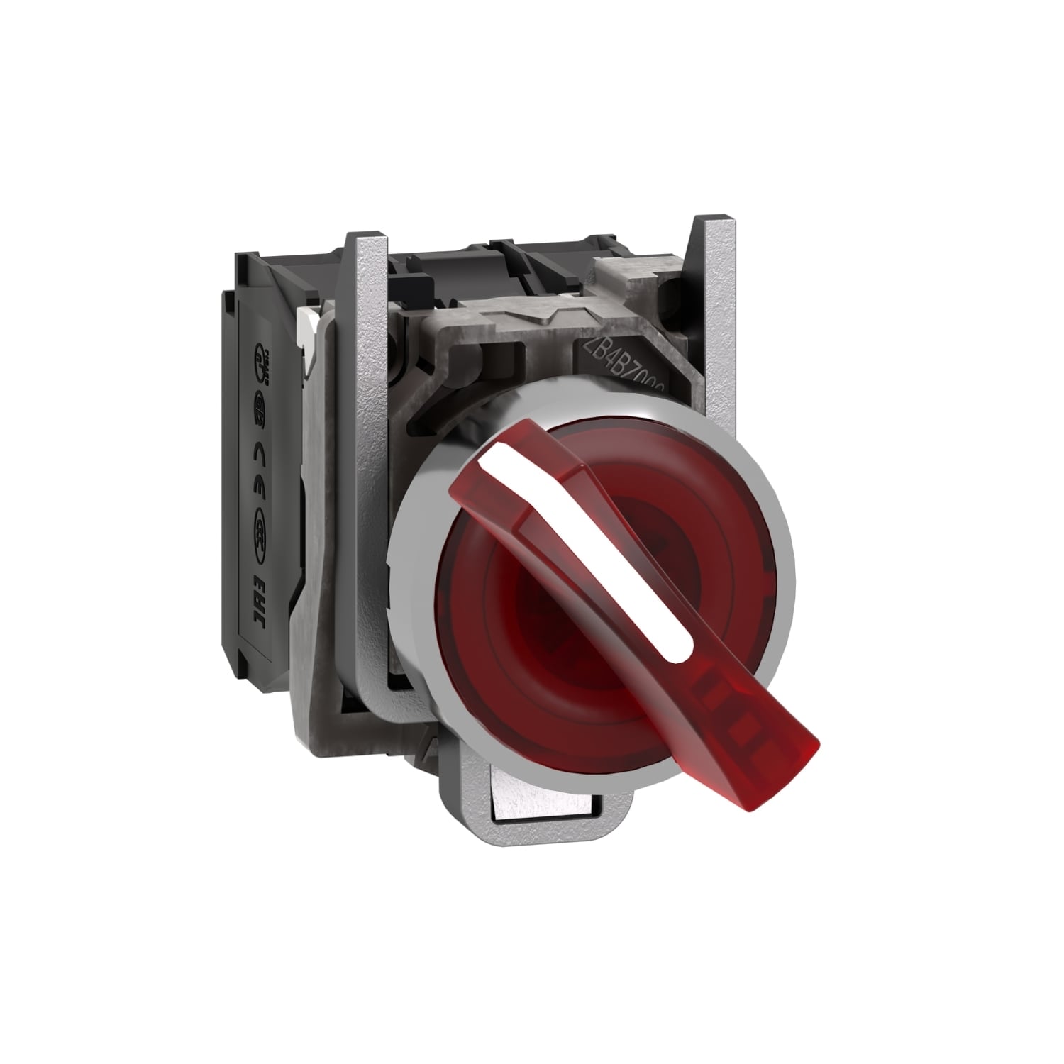 XB4BK124G5 Harmony XB4 Illuminated Round Head Selector Switch With Standard Handle, Integral LED, 22 mm, 1NO-1NC Contact, Slow Break Contact, Lever Operator, Red