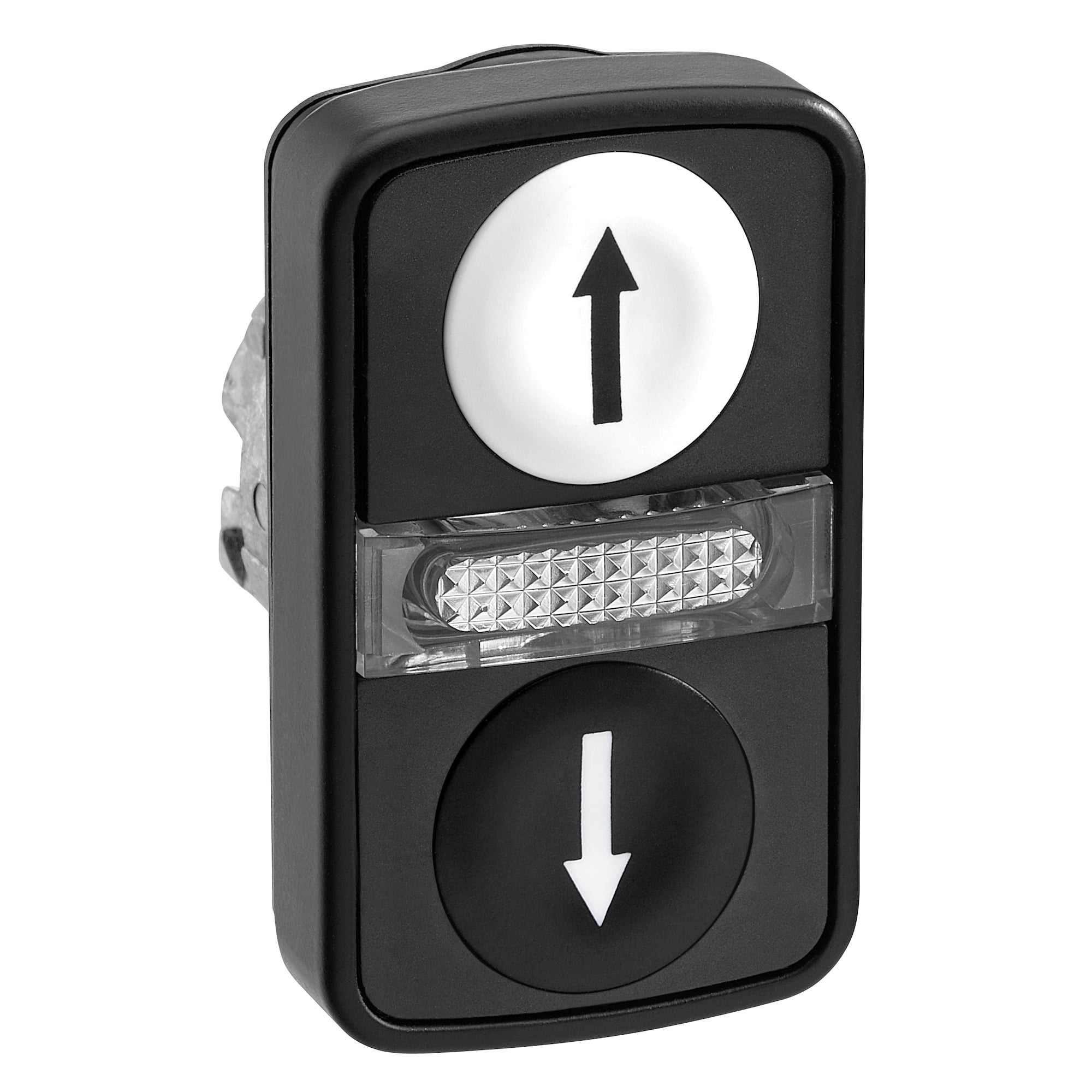 ZB4BW7A17247 Harmony Double Headed Illuminated Standard Pushbutton Head With Marking, 0.87 in, Rectangular Shape, UP ARROW and DOW ARROW Legend, Metal, Black