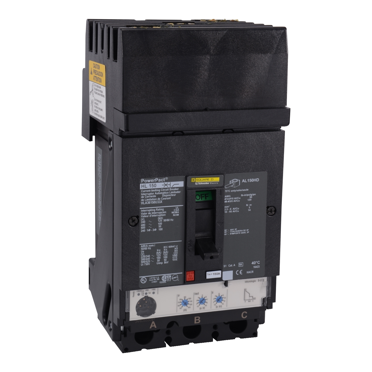 HLA36150U33X PowerPact Molded Case Circuit Breaker, 600 V AC, 150 A, 50 kA Interrupt, 3 Poles, Electronic Trip