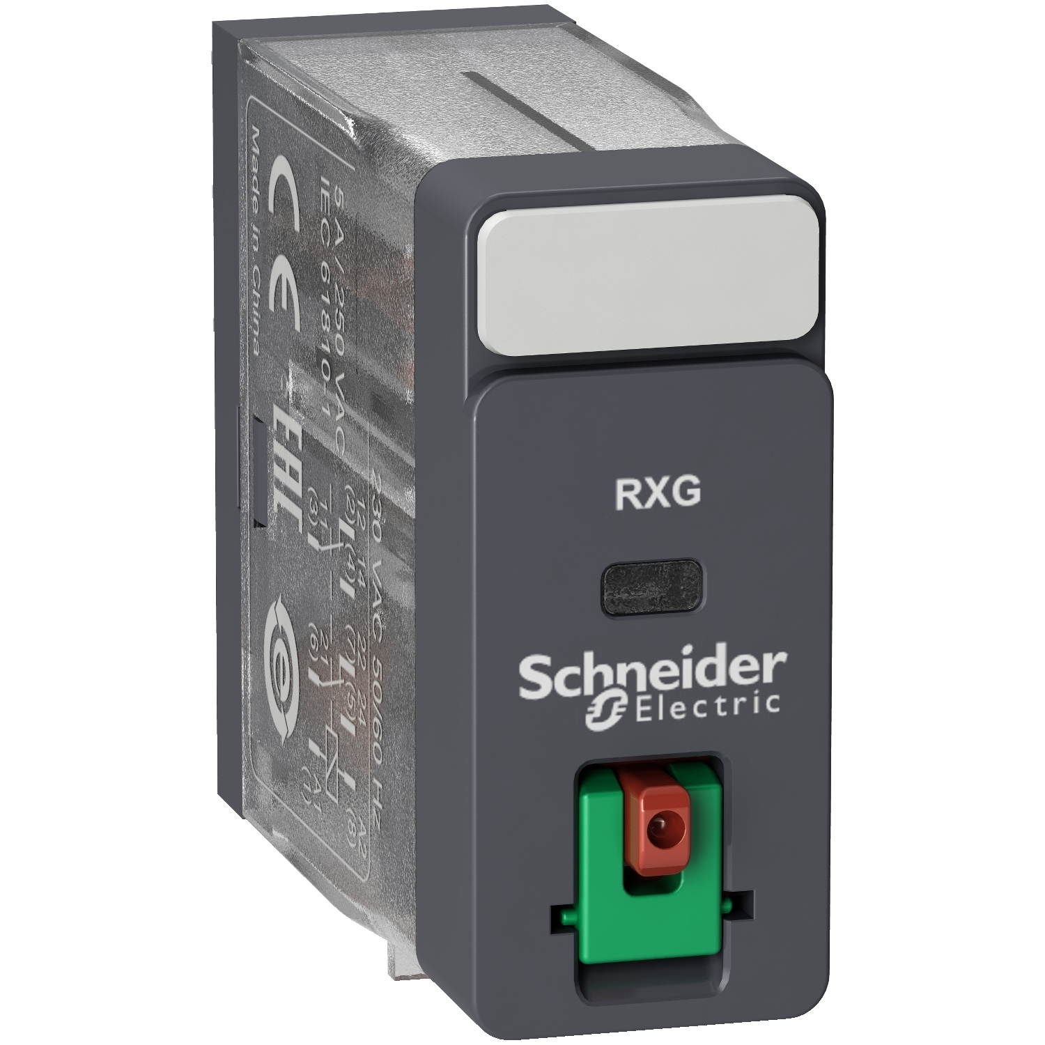 RXG21B7 Zelio RXG Series General Purpose Interface Plug-In Relay With Lockable Test Button, Standard Cover, 5 A, 2CO 2 Form C DPDT Contact, 24 VAC V Coil
