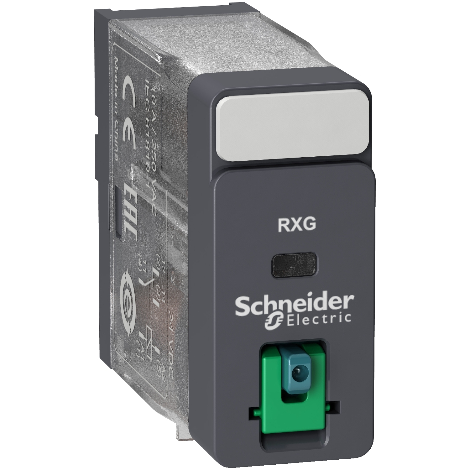 RXG11BD Zelio RXG Series General Purpose Interface Plug-In Relay With Lockable Test Button, Standard Cover, 10 A, 1CO 1 Form C SPDT Contact, 24 VDC V Coil