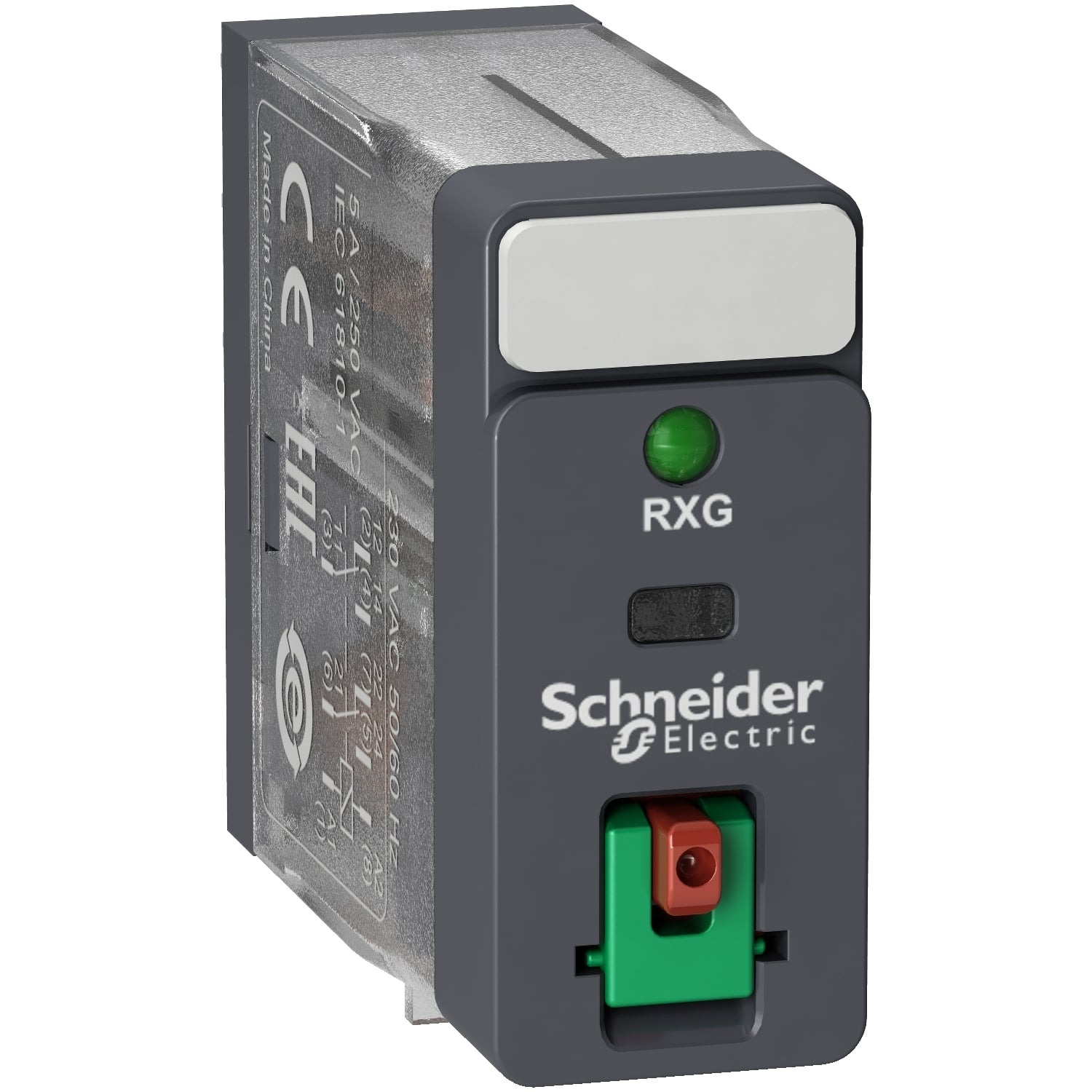 RXG22F7 Zelio RXG Series Interface Plug-In Relay With Test Button and Lock-Down Door, 5 A, 2CO 2 Form C DPDT Contact, 120 VAC V Coil