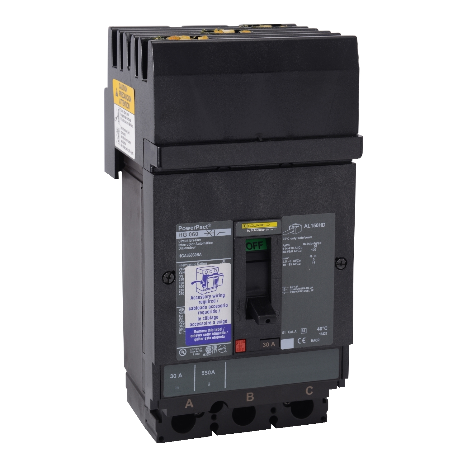 HGA36060U54X PowerPact Molded Case Circuit Breaker, 600 V AC, 60 A, 18 kA Interrupt, 3 Poles, Electronic Trip