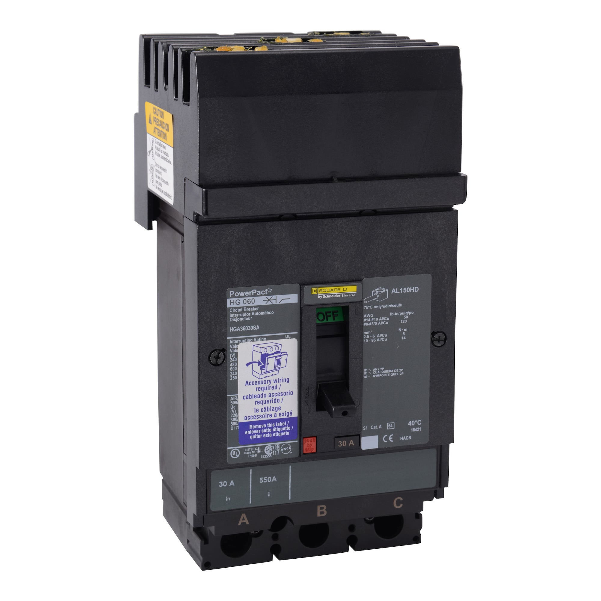HGA36100U54X PowerPact Molded Case Circuit Breaker, 600 V AC, 100 A, 18 kA Interrupt, 3 Poles, Electronic Trip