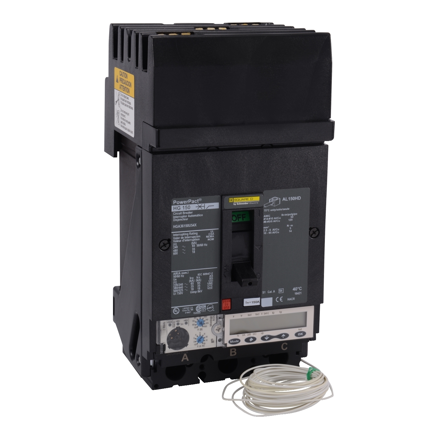 HGA36150U54X PowerPact Molded Case Circuit Breaker, 600 V AC, 150 A, 18 kA Interrupt, 3 Poles, Electronic Trip
