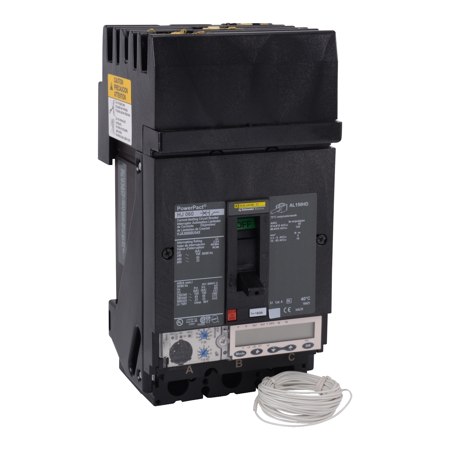HJA36060U54X PowerPact Molded Case Circuit Breaker, 600 V AC, 60 A, 25 kA Interrupt, 3 Poles, Electronic Trip