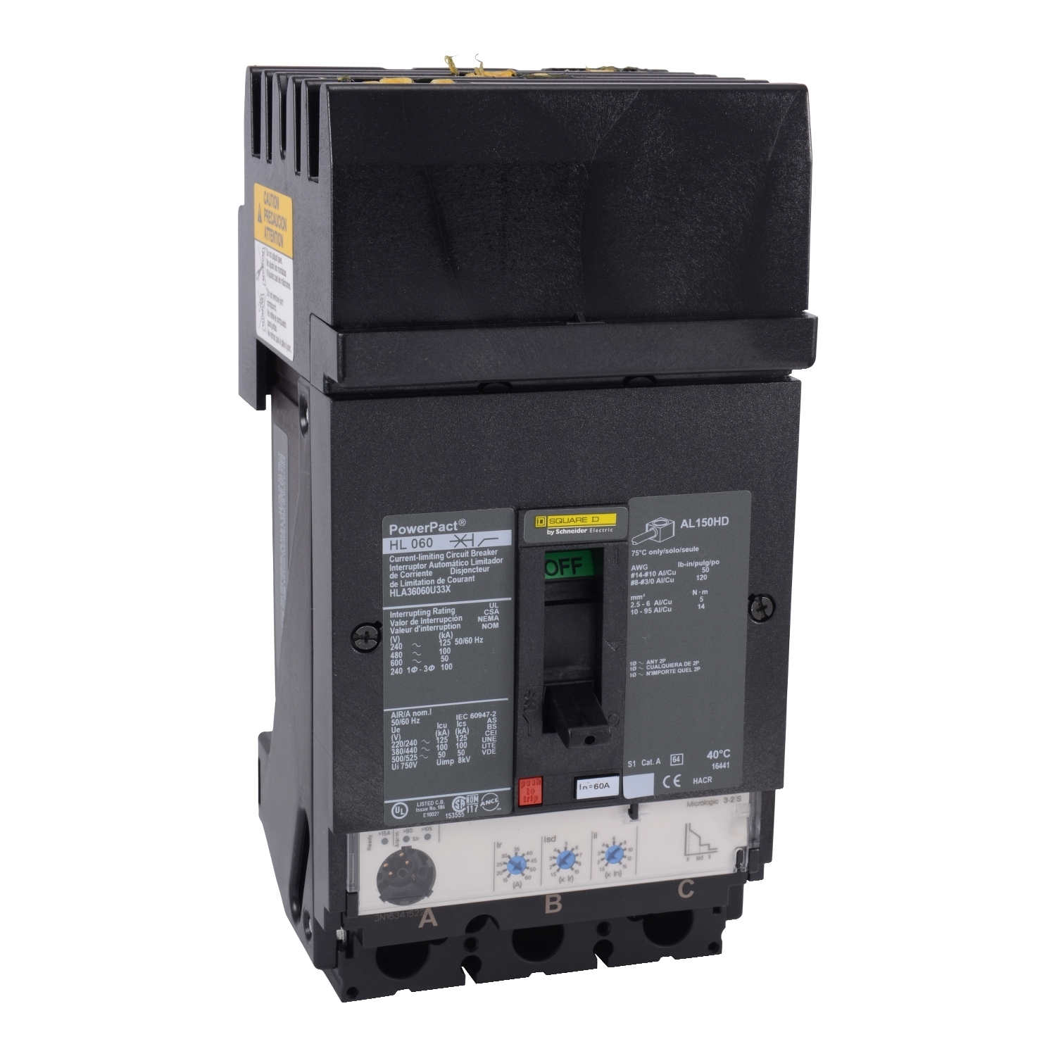 HLA36060U33X PowerPact Molded Case Circuit Breaker, 600 V AC, 60 A, 50 kA Interrupt, 3 Poles, Electronic Trip