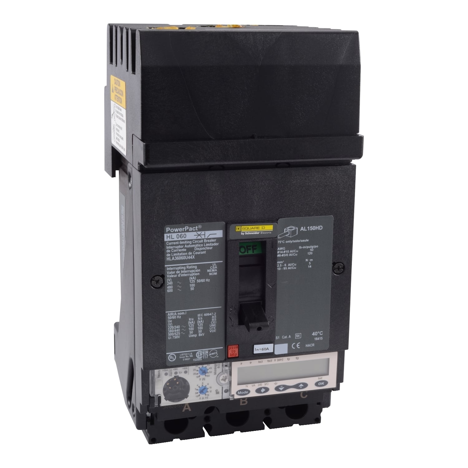 HLA36060U44X PowerPact Molded Case Circuit Breaker, 600 V AC, 60 A, 50 kA Interrupt, 3 Poles, Electronic Trip